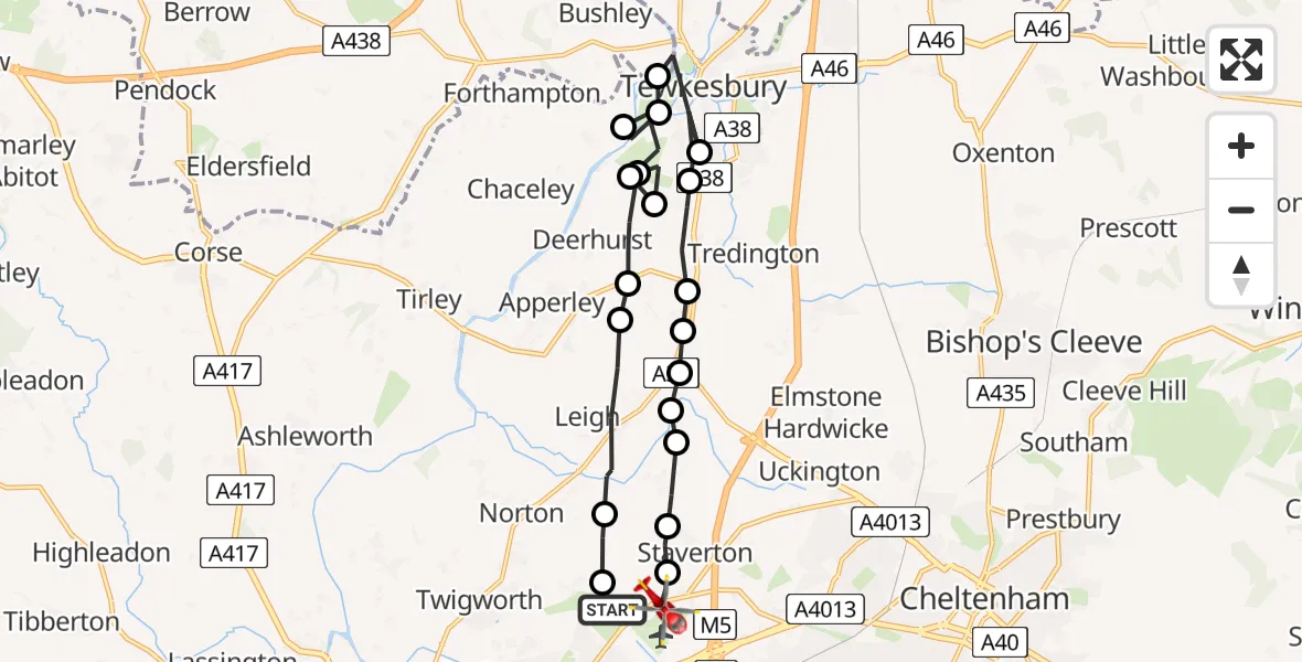 Flight path map showing Air Ambulance Helicopter route from Gloucester to Gloucestershire Airport