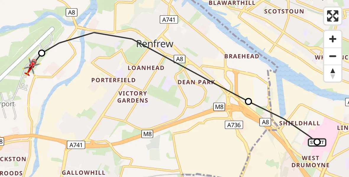 Flight path map showing Air Ambulance Helicopter route from Queen Elizabeth Hospital to Glasgow Airport