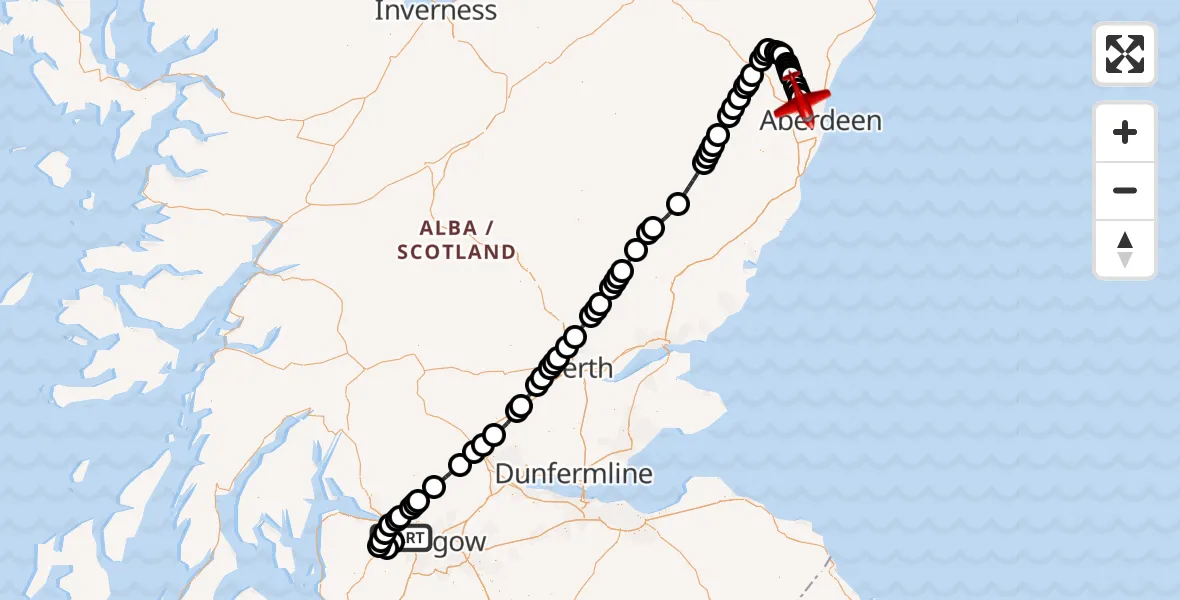 Flight path map showing Air Ambulance Aircraft route from Glasgow Airport to Aberdeen International Airport