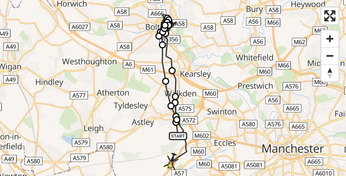 Flight path map showing Police Helicopter route from Boothstown to Irlam