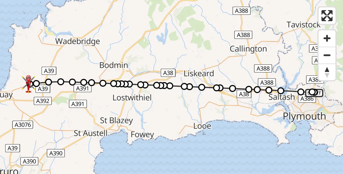 Flight path map showing Air Ambulance Helicopter route from Derriford Hospital to Cornwall Airport Newquay
