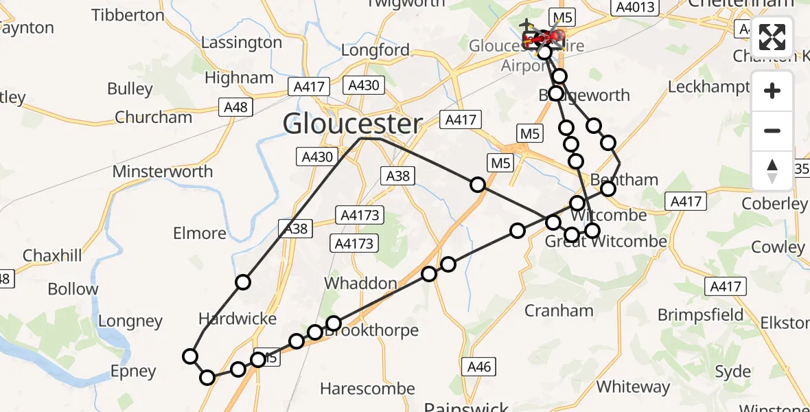 Flight path map showing Air Ambulance Helicopter route from Gloucestershire Airport to Churchdown