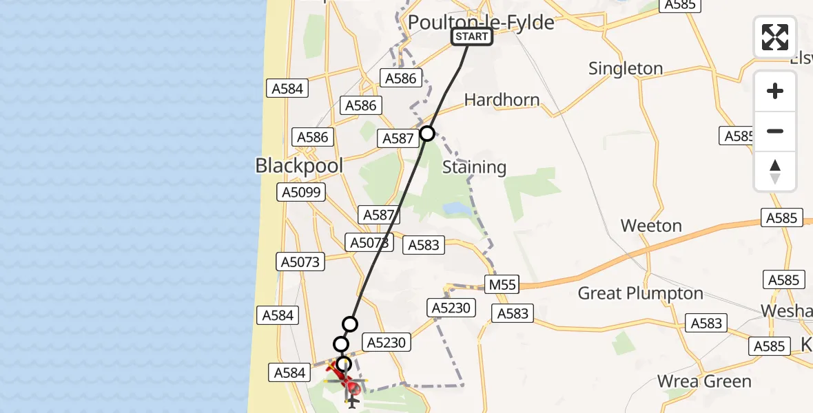 Flight path map showing Air Ambulance Helicopter route from Poulton-le-Fylde to Blackpool Airport