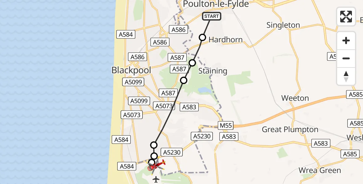 Flight path map showing Air Ambulance Helicopter route from Poulton-le-Fylde to Fylde