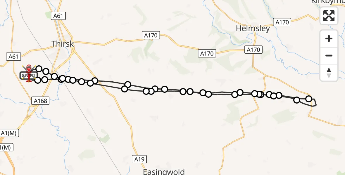 Flight path map showing Air Ambulance Helicopter route from RAF Topcliffe to RAF Topcliffe