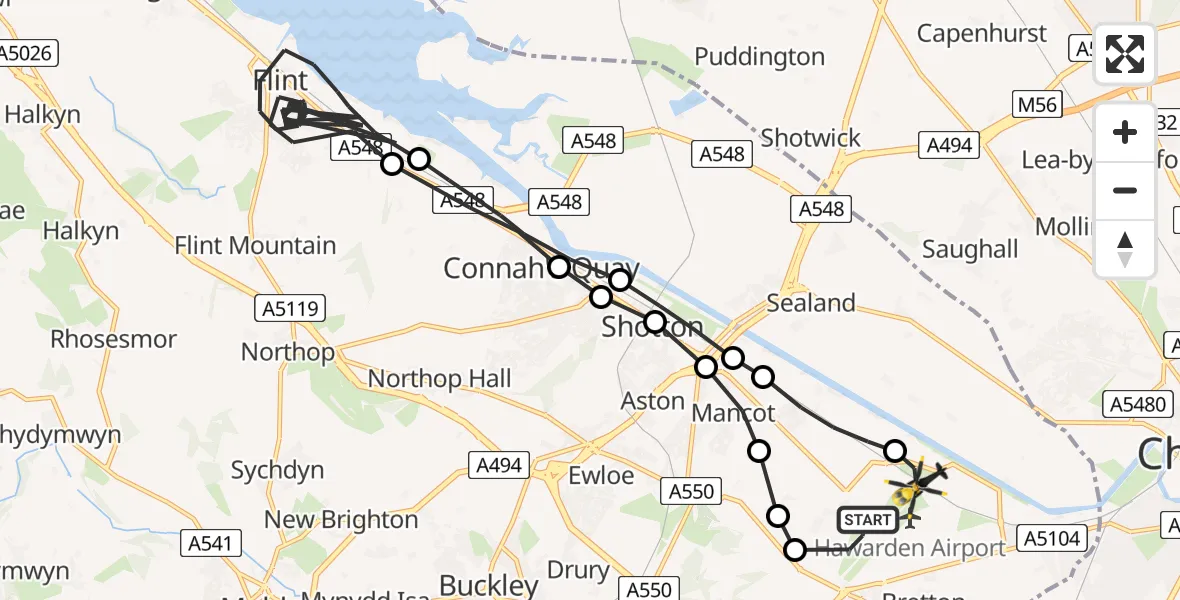 Flight path map showing Police Helicopter route from Hawarden Airport to Saltney Ferry
