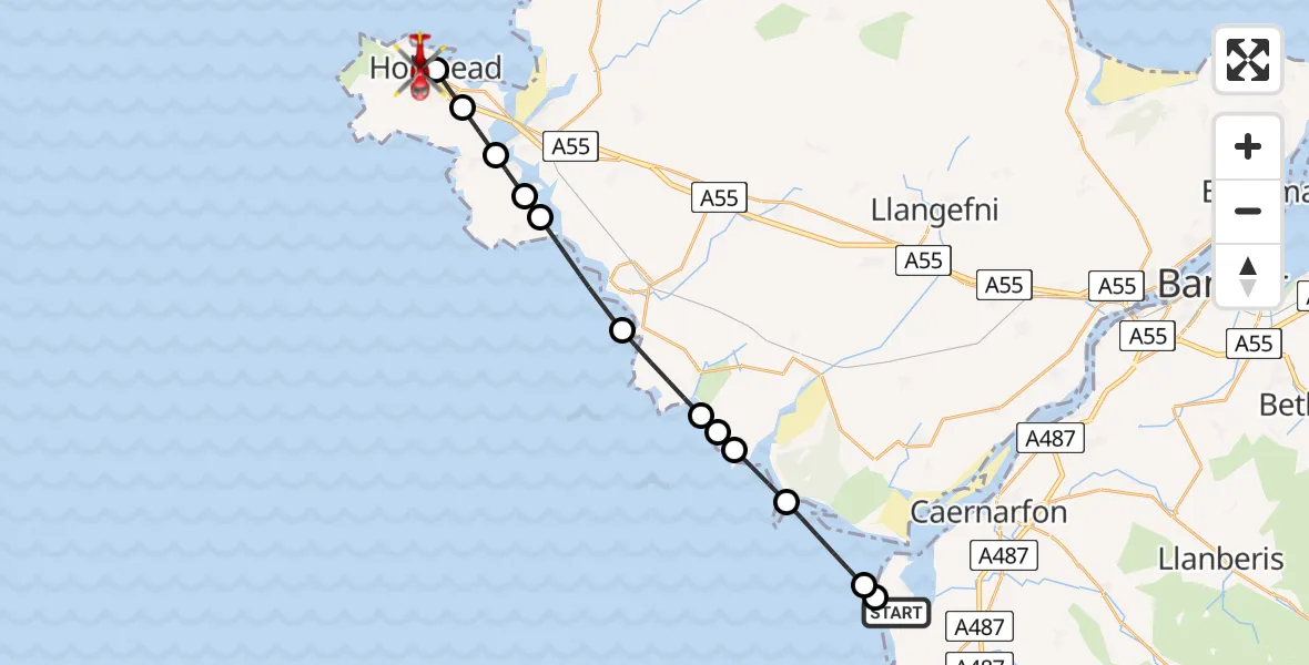 Flight path map showing Air Ambulance Helicopter route from Caernarfon Airport to Holyhead