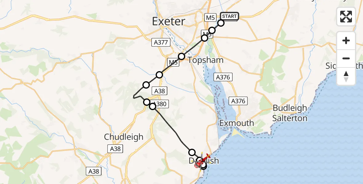 Flight path map showing Air Ambulance Helicopter route from Exeter International Airport to Dawlish