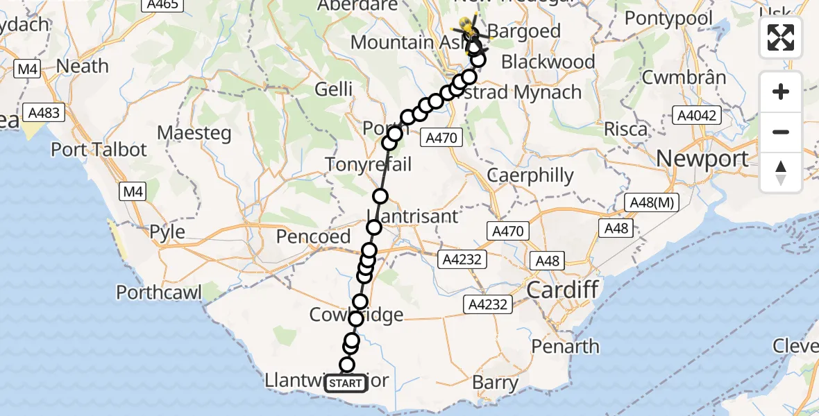 Flight path map showing Police Helicopter route from Boverton to Treharris