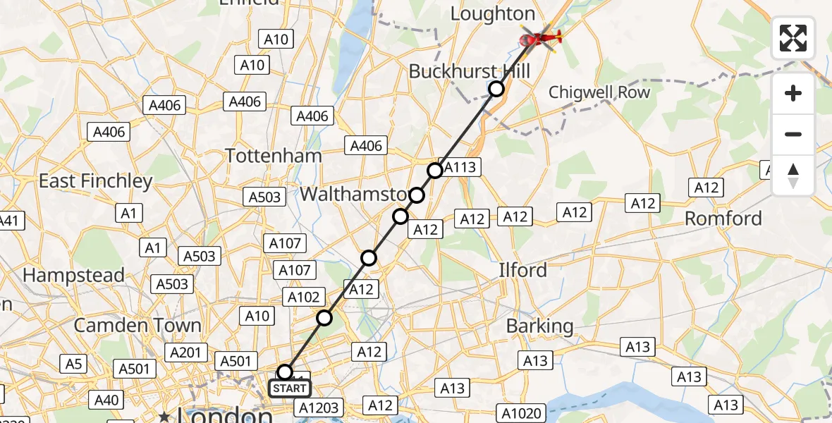 Flight path map showing Air Ambulance Helicopter route from Royal London Hospital to Chigwell