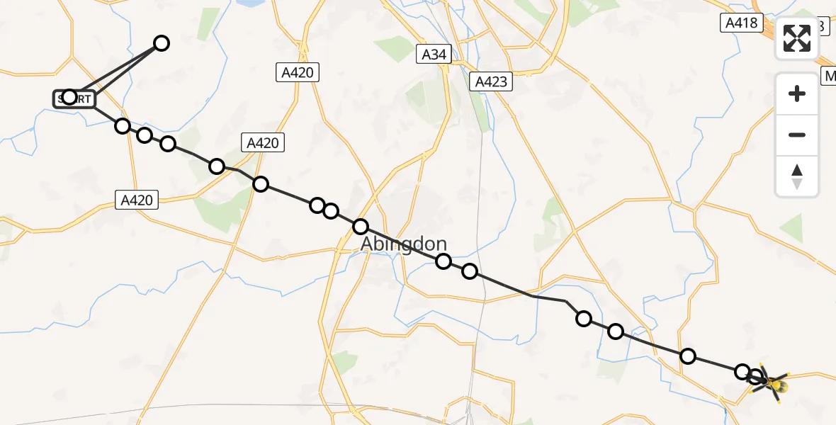 Flight path map showing Police Helicopter route from Standlake to Benson