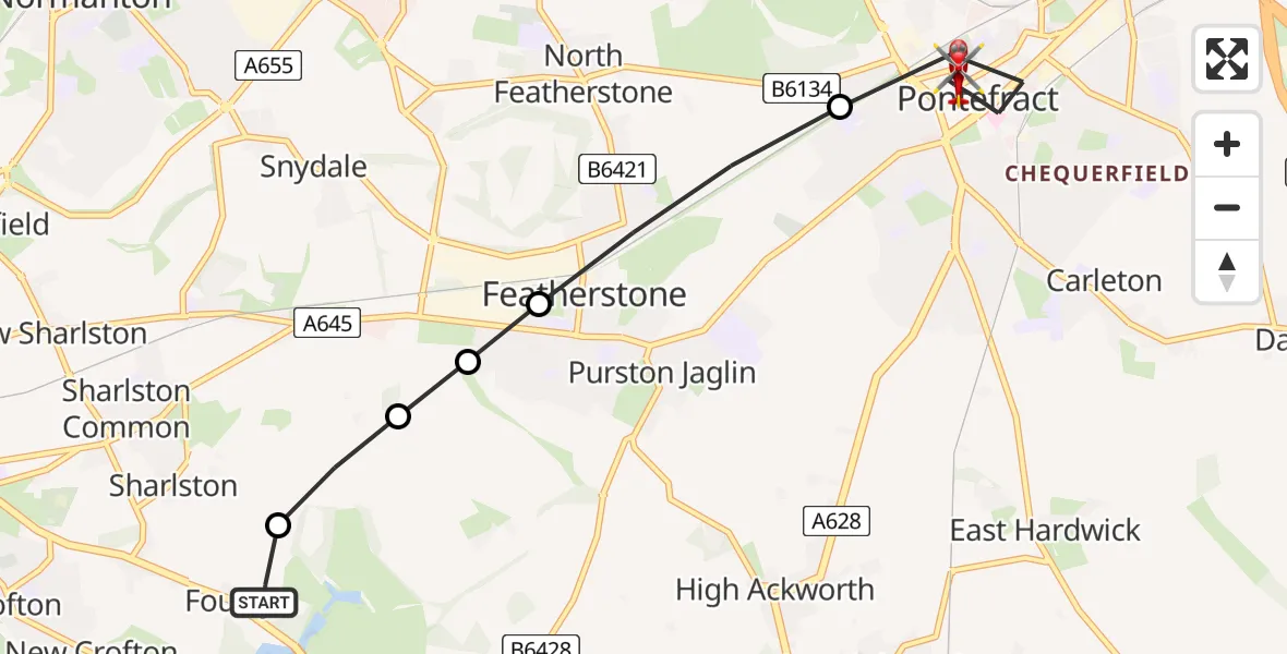 Flight path map showing Air Ambulance Helicopter route from YAA Nostell Helicopter Port to Pontefract