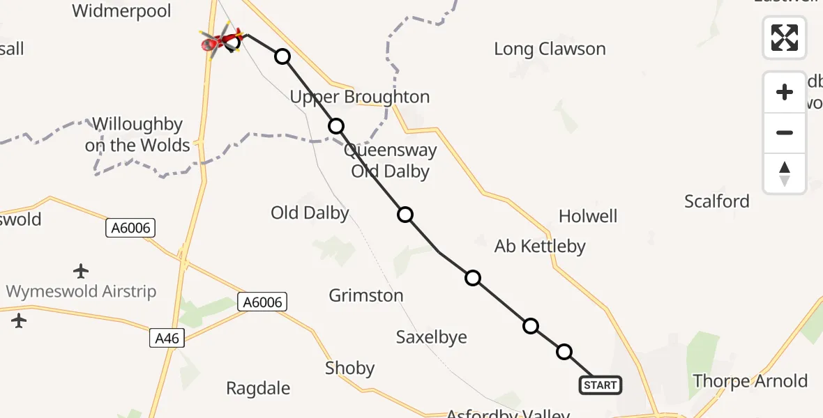 Flight path map showing Air Ambulance Helicopter route from Sysonby to Nottingham Heliport