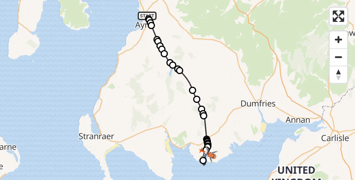 Flight path map showing Coastguard Helicopter route from Glasgow Prestwick Airport to Kirkcudbright