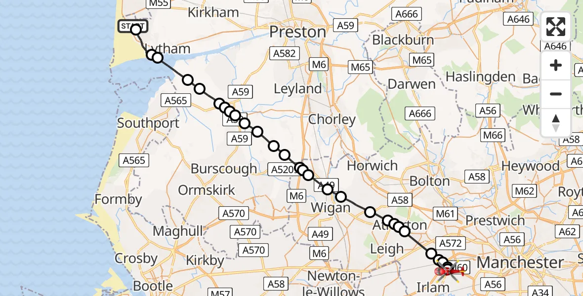 Flight path map showing Air Ambulance Helicopter route from Blackpool Airport to Irlam