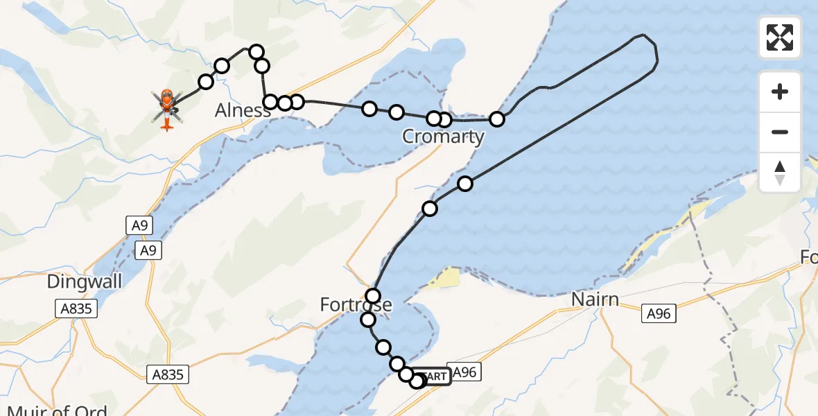 Flight path map showing Coastguard Helicopter route from Inverness Airport to Ardross