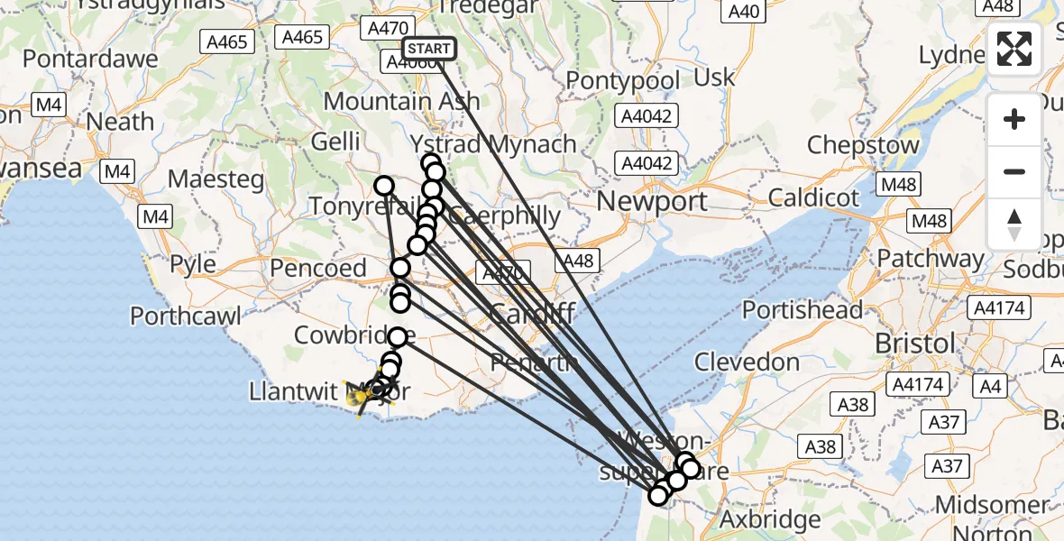 Flight path map showing Police Helicopter route from Troed-y-rhiw to MOD St Athan