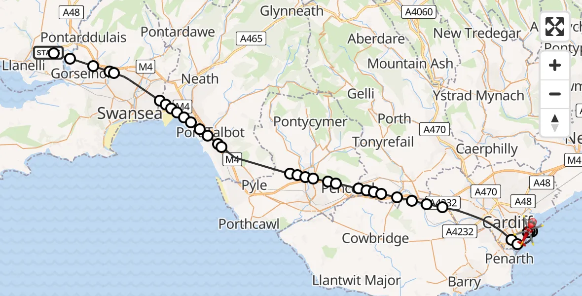Flight path map showing Air Ambulance Helicopter route from Dafen to Cardiff Heliport