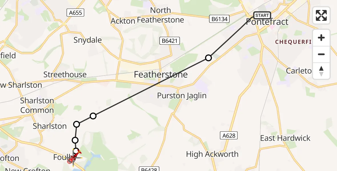 Flight path map showing Air Ambulance Helicopter route from Pontefract to YAA Nostell Helicopter Port