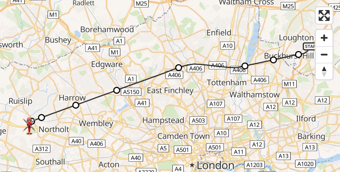 Flight path map showing Air Ambulance Helicopter route from Chigwell to RAF Northolt