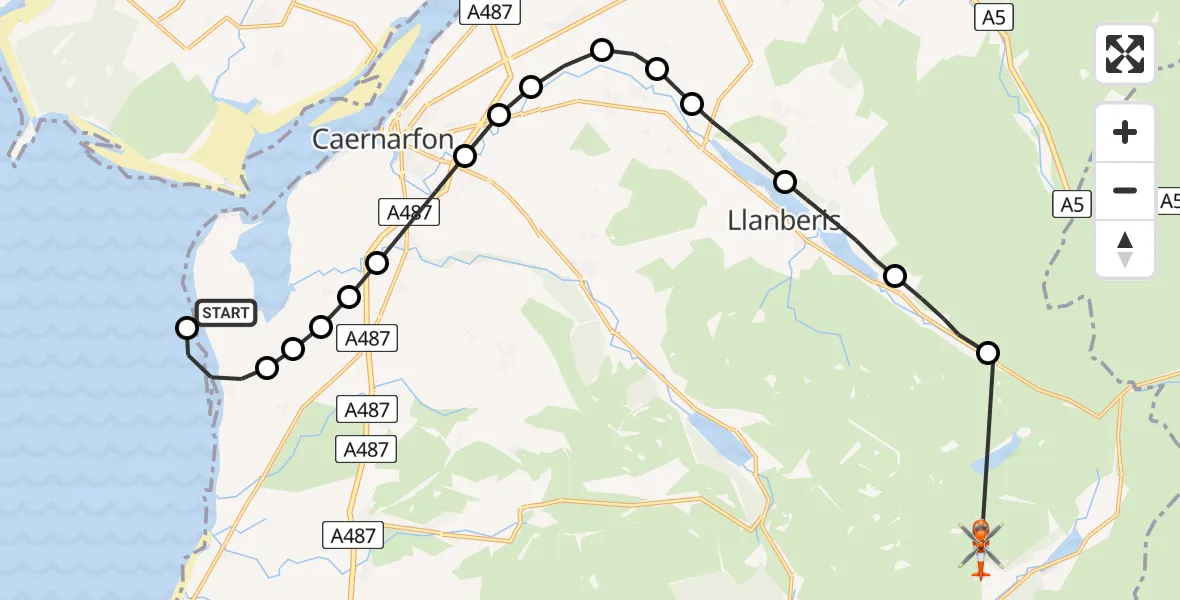 Flight path map showing Coastguard Helicopter route from Caernarfon Airport to Beddgelert