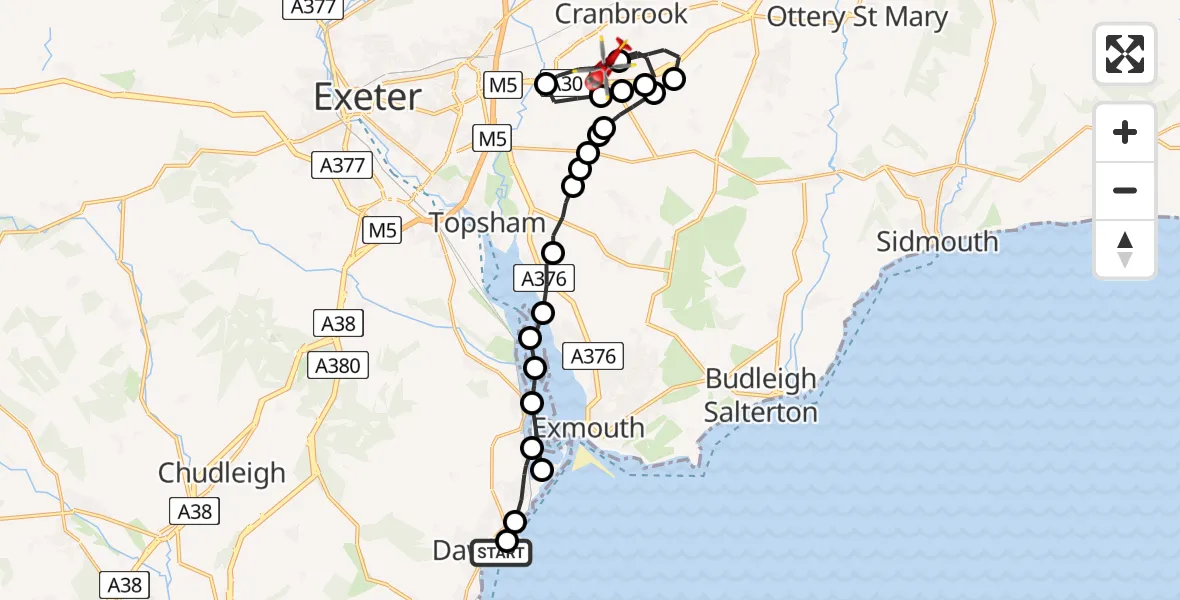 Flight path map showing Air Ambulance Helicopter route from Dawlish Warren to Exeter International Airport