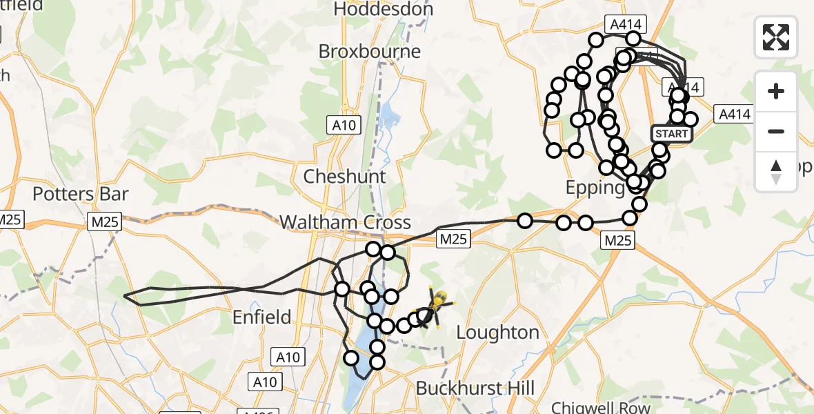 Flight path map showing Police Helicopter route from North Weald Airfield to Metropolitan Police Air Support Unit Lippitts Hill