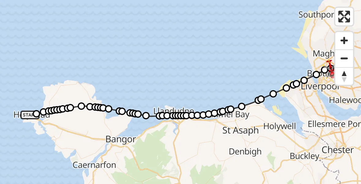 Flight path map showing Air Ambulance Helicopter route from Holyhead to Aintree University Hospital Heliport