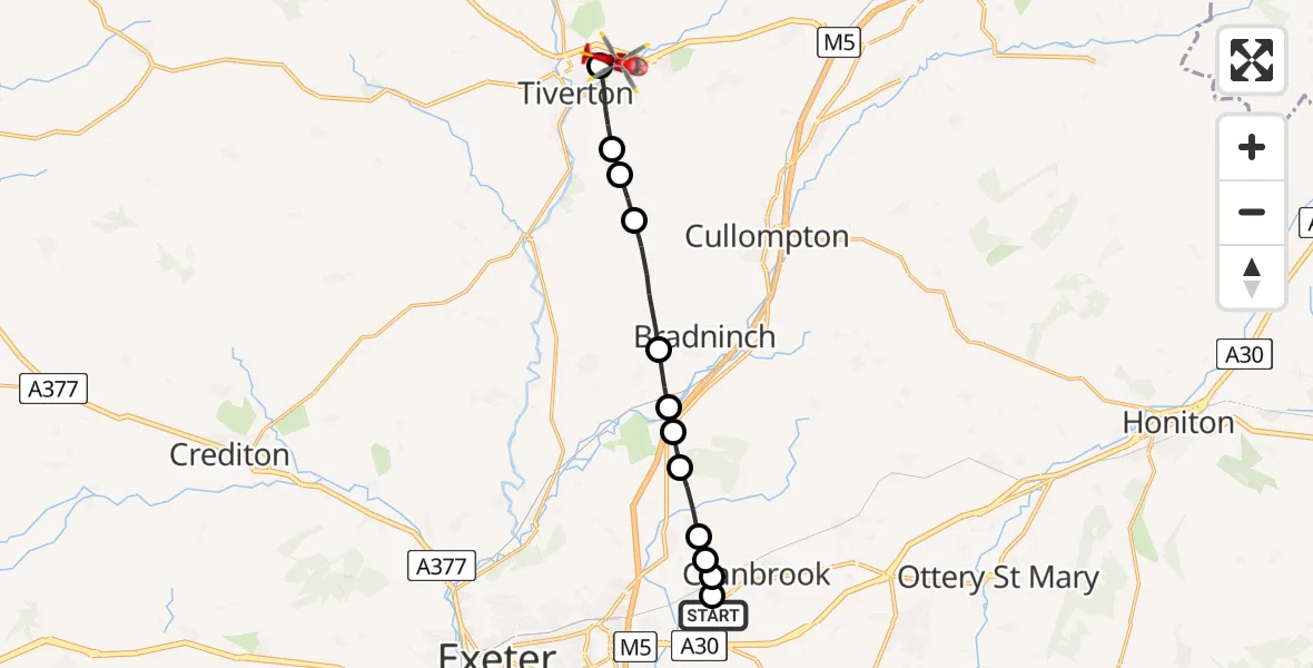 Flight path map showing Air Ambulance Helicopter route from Exeter International Airport to Chettiscombe