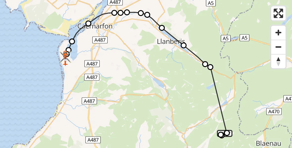 Flight path map showing Coastguard Helicopter route from Beddgelert to Caernarfon Airport