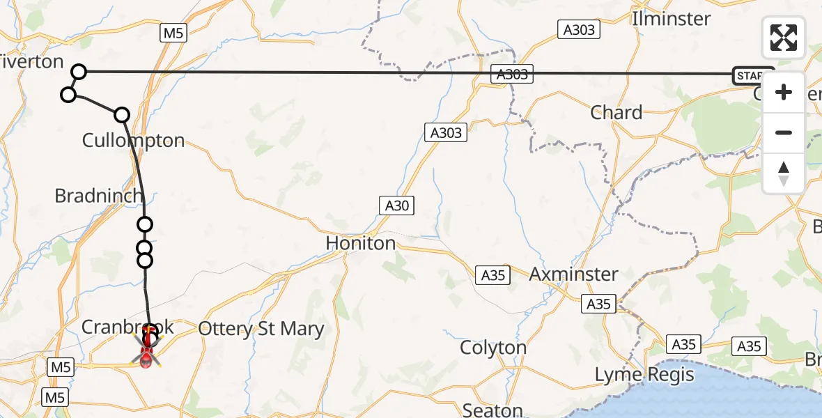 Flight path map showing Air Ambulance Helicopter route from Hinton St George to Rockbeare