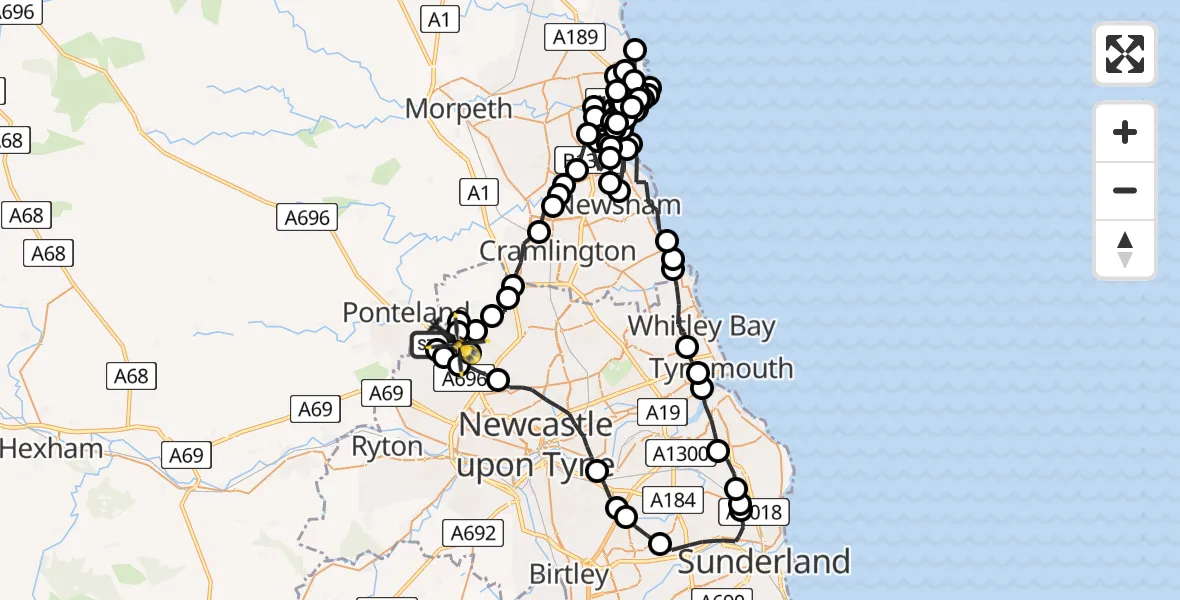 Flight path map showing Police Helicopter route from Newcastle International Airport to Newcastle International Airport