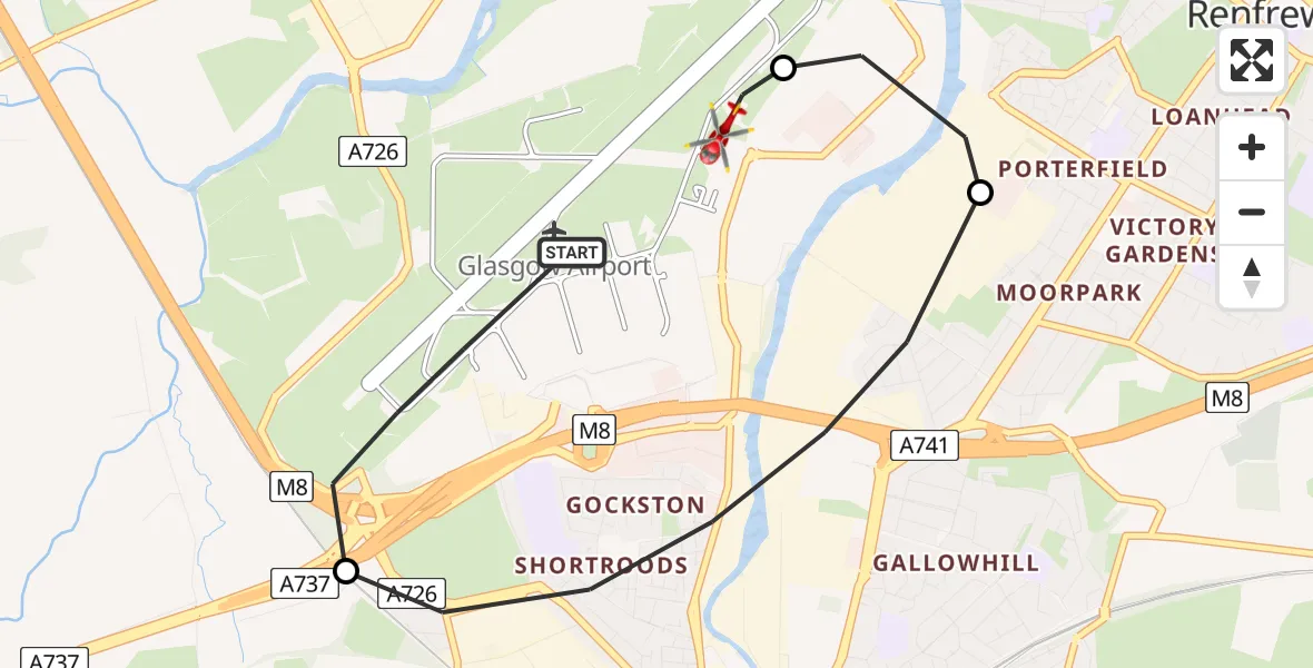 Flight path map showing Air Ambulance Helicopter route from Glasgow Airport to Glasgow Airport