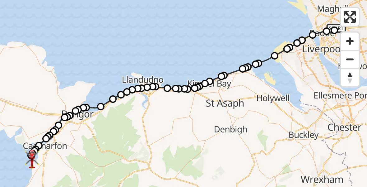Flight path map showing Air Ambulance Helicopter route from Aintree University Hospital Heliport to Caernarfon Airport