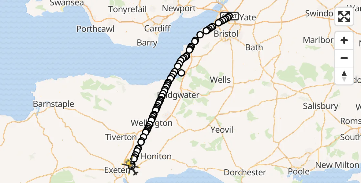 Flight path map showing Police Helicopter route from Almondsbury Helicopter Base to Rockbeare