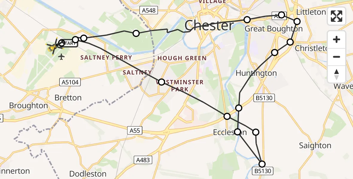 Flight path map showing Police Helicopter route from Hawarden Airport to Hawarden Airport