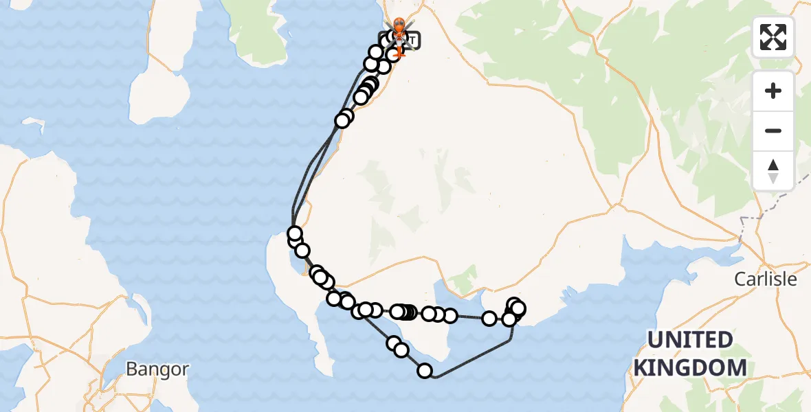 Flight path map showing Coastguard Helicopter route from Glasgow Prestwick Airport to Glasgow Prestwick Airport