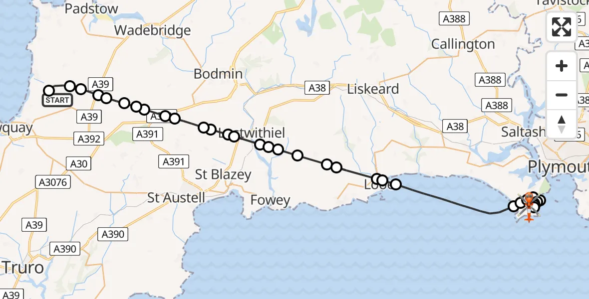 Flight path map showing Coastguard Helicopter route from Cornwall Airport Newquay to Cawsand