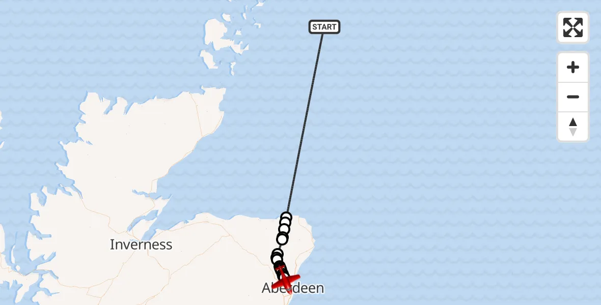 Flight path map showing Air Ambulance Aircraft route from North Sea to Aberdeen International Airport