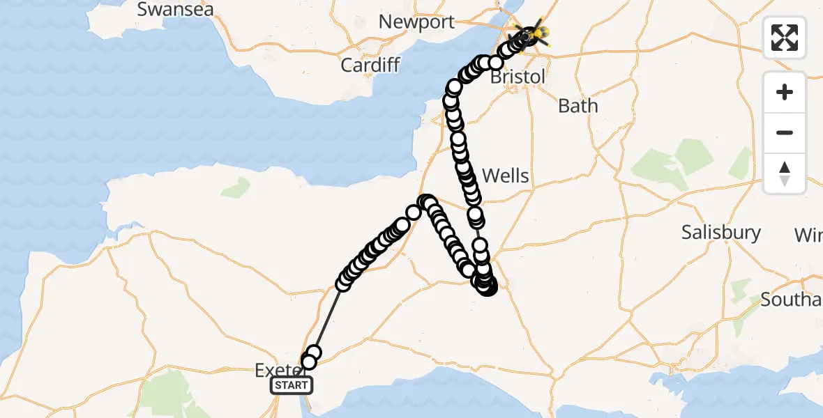 Flight path map showing Police Helicopter route from Topsham to Almondsbury Helicopter Base