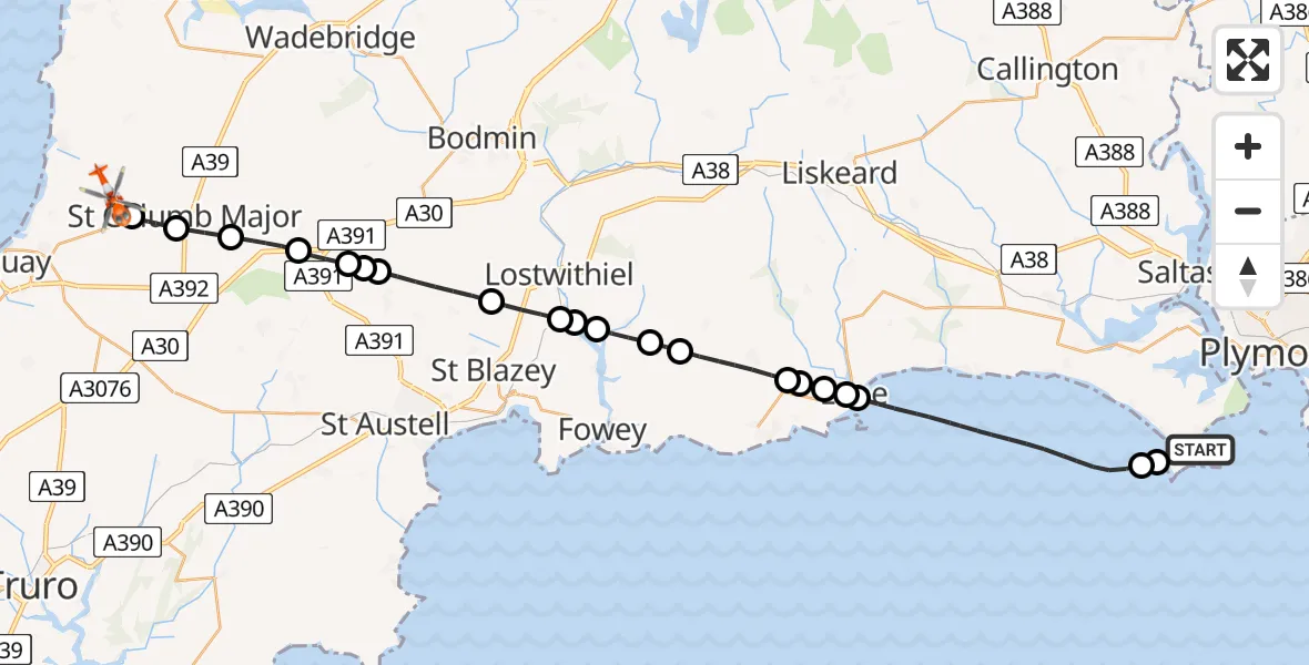 Flight path map showing Coastguard Helicopter route from Cawsand to Cornwall Airport Newquay