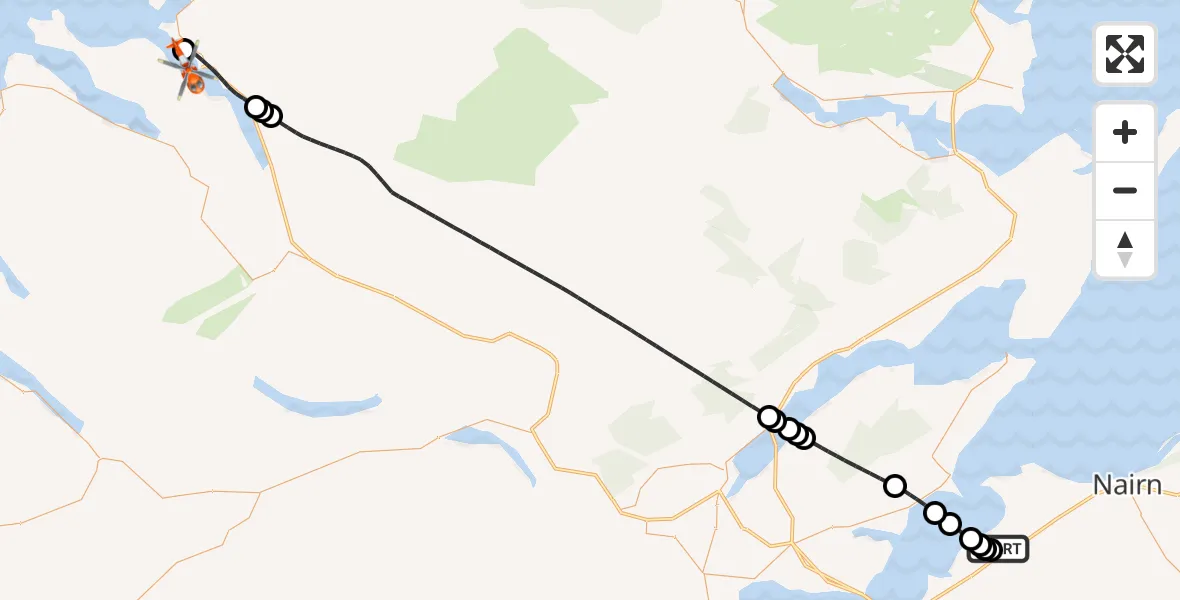 Flight path map showing Coastguard Helicopter route from Inverness Airport to Inner Seas