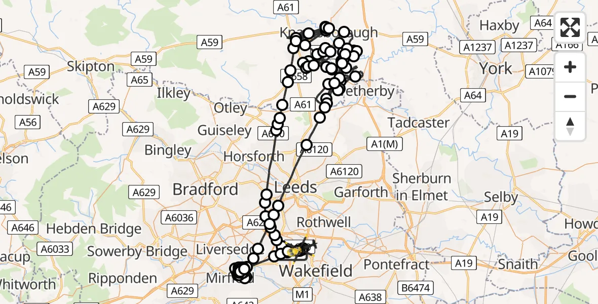 Flight path map showing Police Helicopter route from East Ardsley to Wakefield