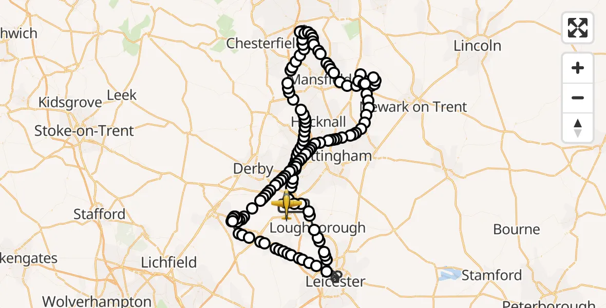 Flight path map showing Police Aircraft route from East Midlands Airport to East Midlands Airport