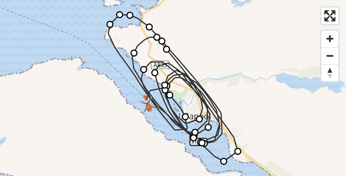 Flight path map showing Coastguard Helicopter route from Ullapool to Inner Seas