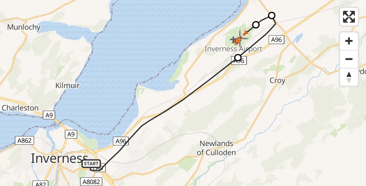 Flight path map showing Coastguard Helicopter route from Inverness to Inverness Airport