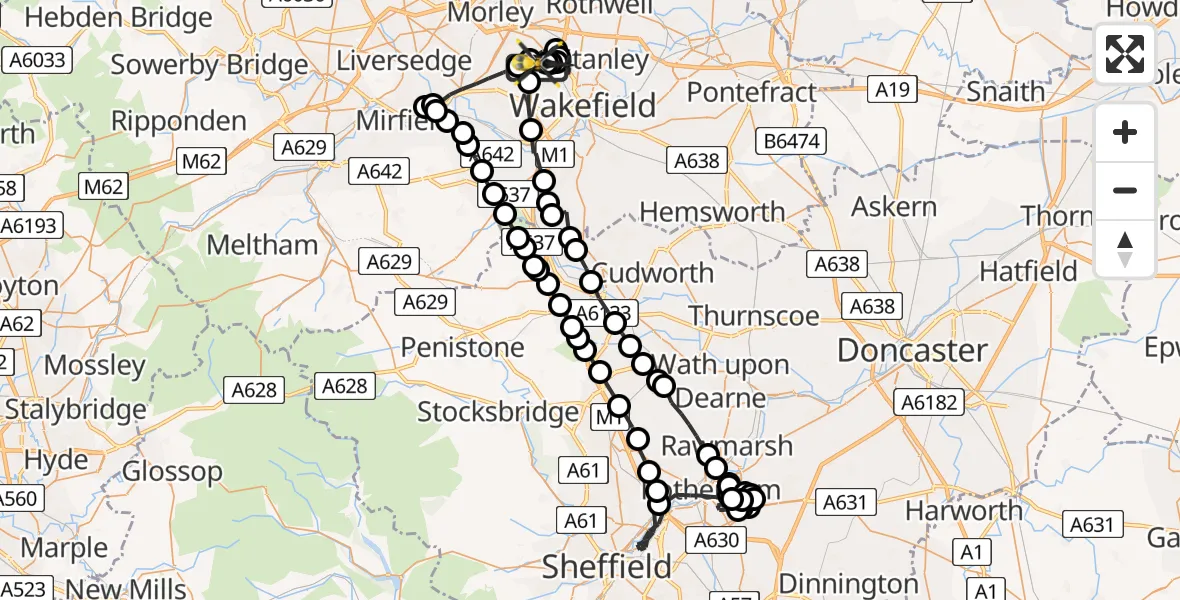 Flight path map showing Police Helicopter route from East Ardsley to East Ardsley