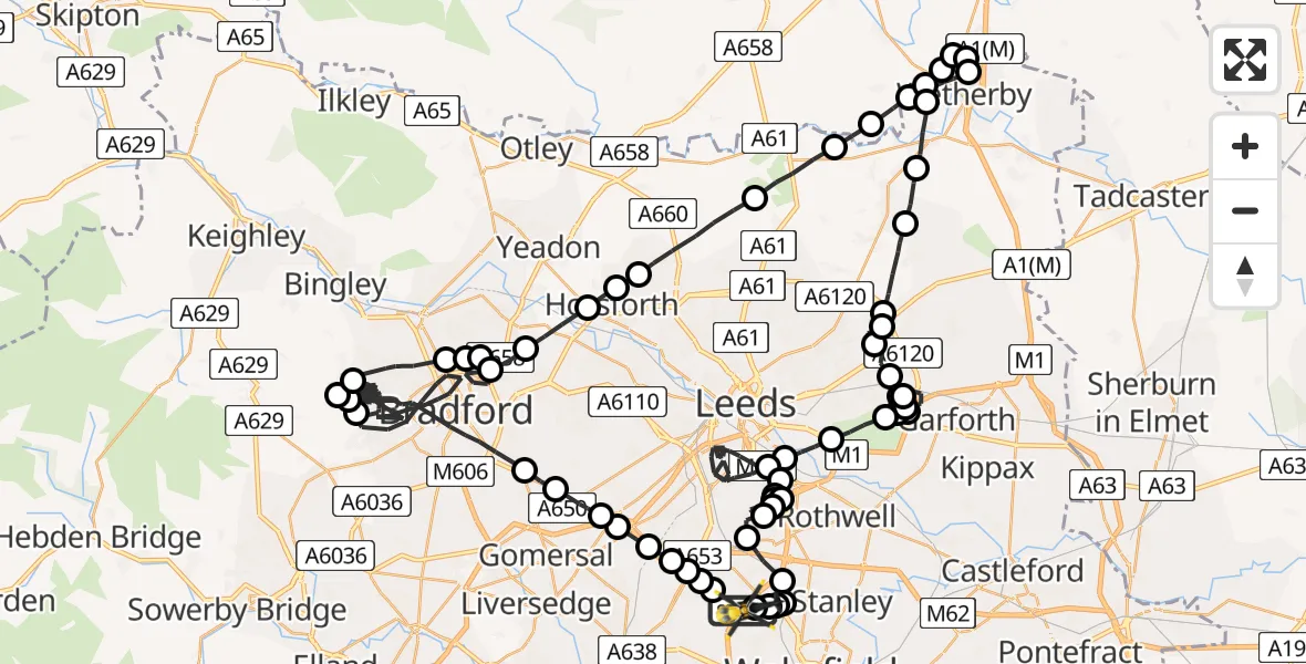 Flight path map showing Police Helicopter route from East Ardsley to East Ardsley