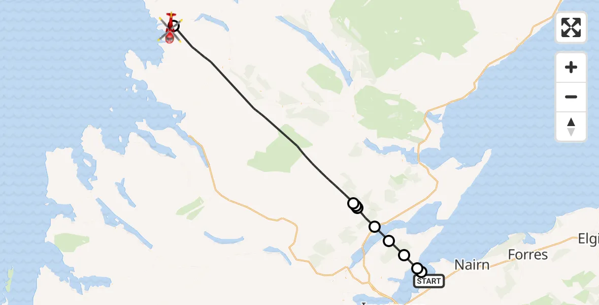 Flight path map showing Air Ambulance Helicopter route from Inverness to Lochinver