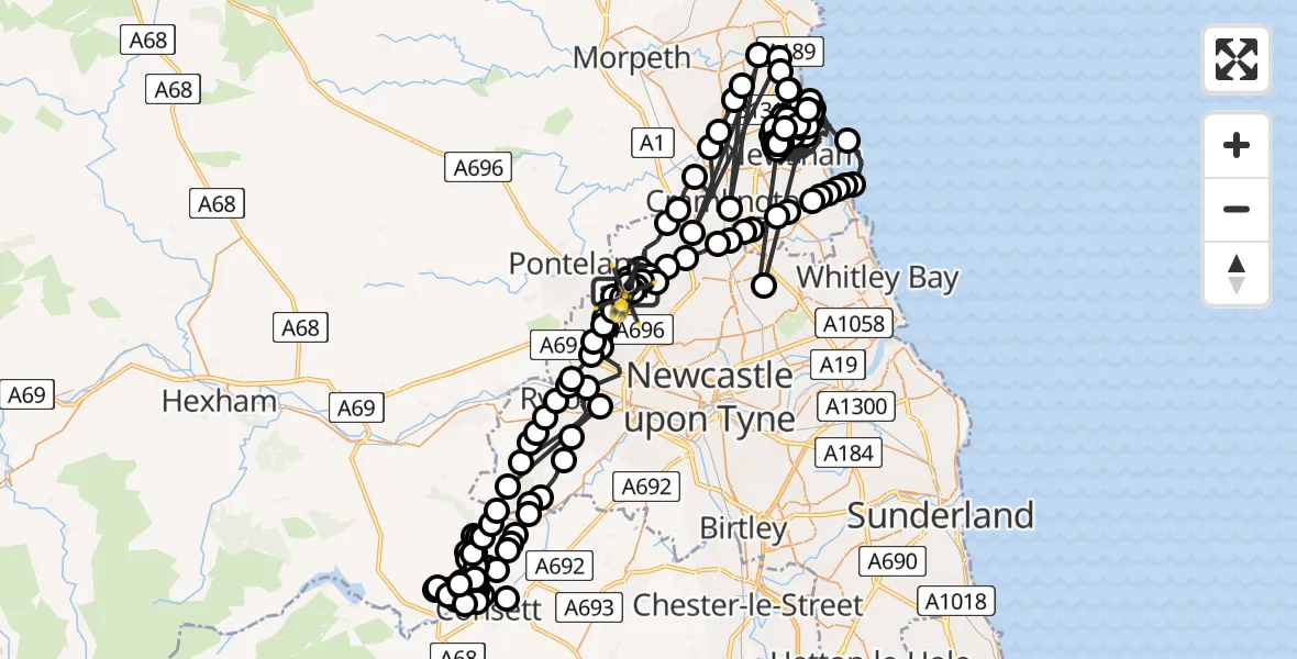 Flight path map showing Police Helicopter route from Newcastle International Airport to Newcastle International Airport